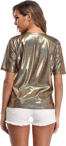 andy & natalie Women's Shiny Tops Holographic Metallic Shirt Shimmer Glitter Sparkle Party Disco Tee Shirt Blouse in Saudi Arabia