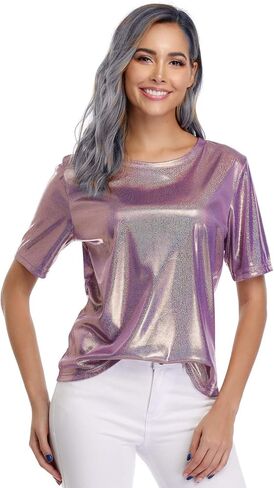andy & natalie Women's Shiny Tops Holographic Metallic Shirt Shimmer Glitter Sparkle Party Disco Tee Shirt Blouse in Saudi Arabia