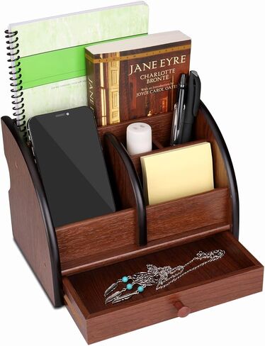 Flexzion Wooden Remote Control Holder Caddy Desktop Organizer With Drawers Classic Vintage Cherry Brown Wood Pen Pencil Holder Box Tabletop Stationary Office Supplies Accessories, 4 Compartments Shelf in Saudi Arabia