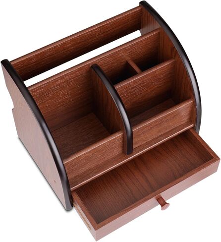 Flexzion Wooden Remote Control Holder Caddy Desktop Organizer With Drawers Classic Vintage Cherry Brown Wood Pen Pencil Holder Box Tabletop Stationary Office Supplies Accessories, 4 Compartments Shelf in Saudi Arabia