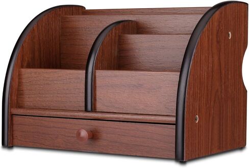 Flexzion Wooden Remote Control Holder Caddy Desktop Organizer With Drawers Classic Vintage Cherry Brown Wood Pen Pencil Holder Box Tabletop Stationary Office Supplies Accessories, 4 Compartments Shelf in Saudi Arabia