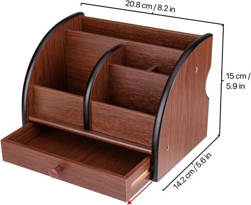 Flexzion Wooden Remote Control Holder Caddy Desktop Organizer With Drawers Classic Vintage Cherry Brown Wood Pen Pencil Holder Box Tabletop Stationary Office Supplies Accessories, 4 Compartments Shelf in Saudi Arabia