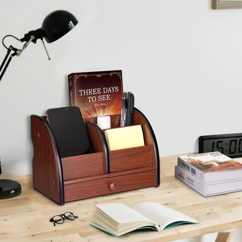 Flexzion Wooden Remote Control Holder Caddy Desktop Organizer With Drawers Classic Vintage Cherry Brown Wood Pen Pencil Holder Box Tabletop Stationary Office Supplies Accessories, 4 Compartments Shelf in Saudi Arabia