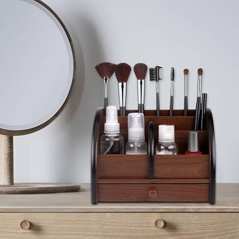 Flexzion Wooden Remote Control Holder Caddy Desktop Organizer With Drawers Classic Vintage Cherry Brown Wood Pen Pencil Holder Box Tabletop Stationary Office Supplies Accessories, 4 Compartments Shelf in Saudi Arabia