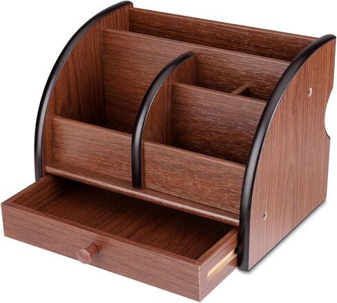 Flexzion Wooden Remote Control Holder Caddy Desktop Organizer With Drawers Classic Vintage Cherry Brown Wood Pen Pencil Holder Box Tabletop Stationary Office Supplies Accessories, 4 Compartments Shelf in Saudi Arabia