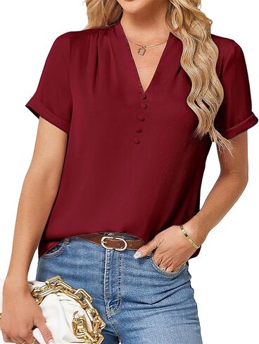 JASAMBAC Womens Casual Shirts Dressy Work Blouses Business Tunic V-Neck Short Sleeves Button Down Tshirts Tops in Saudi Arabia