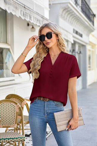 JASAMBAC Womens Casual Shirts Dressy Work Blouses Business Tunic V-Neck Short Sleeves Button Down Tshirts Tops in Saudi Arabia