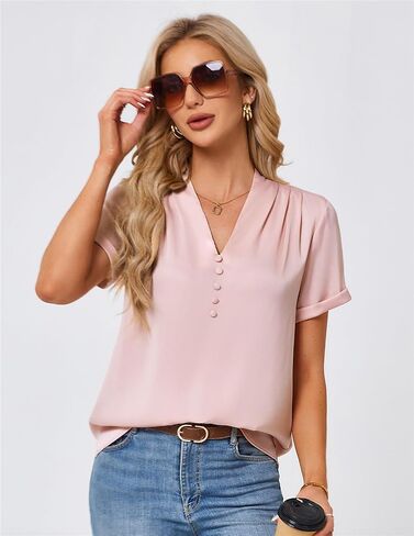JASAMBAC Womens Casual Shirts Dressy Work Blouses Business Tunic V-Neck Short Sleeves Button Down Tshirts Tops in Saudi Arabia