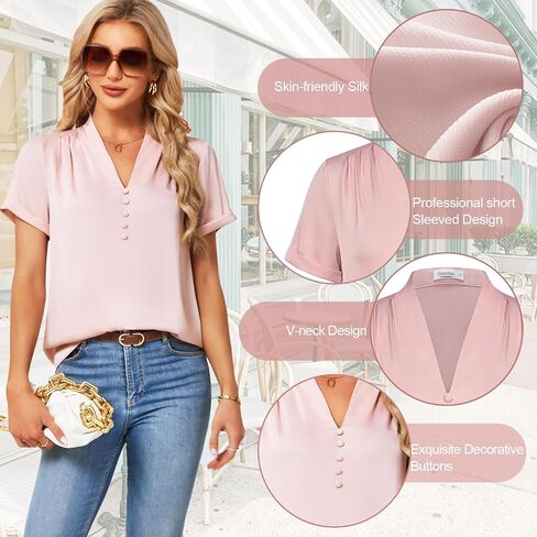 JASAMBAC Womens Casual Shirts Dressy Work Blouses Business Tunic V-Neck Short Sleeves Button Down Tshirts Tops in Saudi Arabia