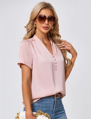 JASAMBAC Womens Casual Shirts Dressy Work Blouses Business Tunic V-Neck Short Sleeves Button Down Tshirts Tops in Saudi Arabia
