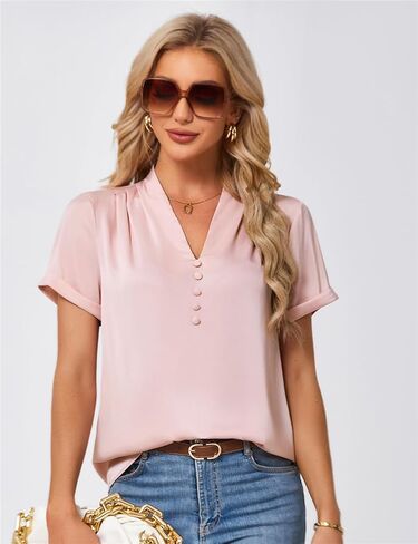 JASAMBAC Womens Casual Shirts Dressy Work Blouses Business Tunic V-Neck Short Sleeves Button Down Tshirts Tops in Saudi Arabia