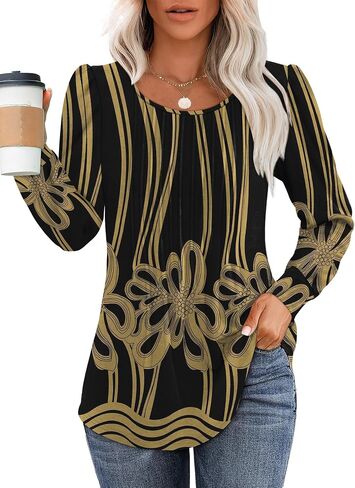 OFEEFAN Long Sleeve Shirts for Women Fall Tops Dressy Casual Blouses Pleated Scooped Neck Tunic Tops for Leggings in Saudi Arabia