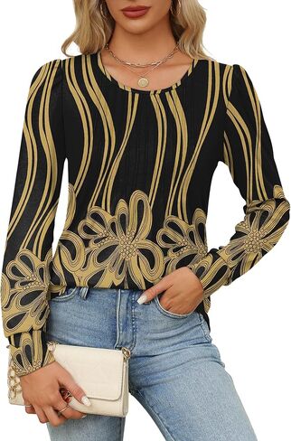 OFEEFAN Long Sleeve Shirts for Women Fall Tops Dressy Casual Blouses Pleated Scooped Neck Tunic Tops for Leggings in Saudi Arabia