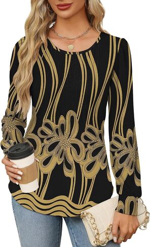 OFEEFAN Long Sleeve Shirts for Women Fall Tops Dressy Casual Blouses Pleated Scooped Neck Tunic Tops for Leggings in Saudi Arabia