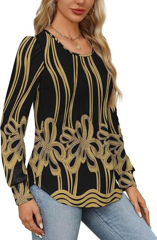 OFEEFAN Long Sleeve Shirts for Women Fall Tops Dressy Casual Blouses Pleated Scooped Neck Tunic Tops for Leggings in Saudi Arabia