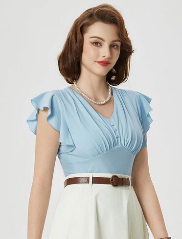 Belle Poque Summer Cotton Tops V Neck Ruffle Short Sleeve Blouse Shirts Elegant Vintage Tops in Saudi Arabia