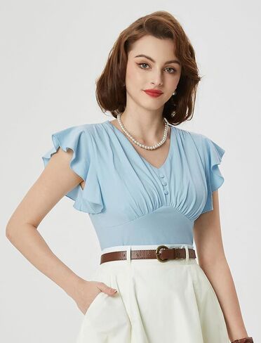 Belle Poque Summer Cotton Tops V Neck Ruffle Short Sleeve Blouse Shirts Elegant Vintage Tops in Saudi Arabia