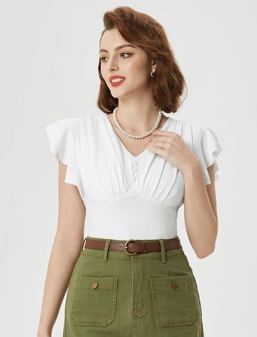 Belle Poque Summer Cotton Tops V Neck Ruffle Short Sleeve Blouse Shirts Elegant Vintage Tops in Saudi Arabia