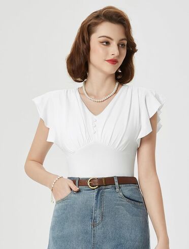 Belle Poque Summer Cotton Tops V Neck Ruffle Short Sleeve Blouse Shirts Elegant Vintage Tops in Saudi Arabia
