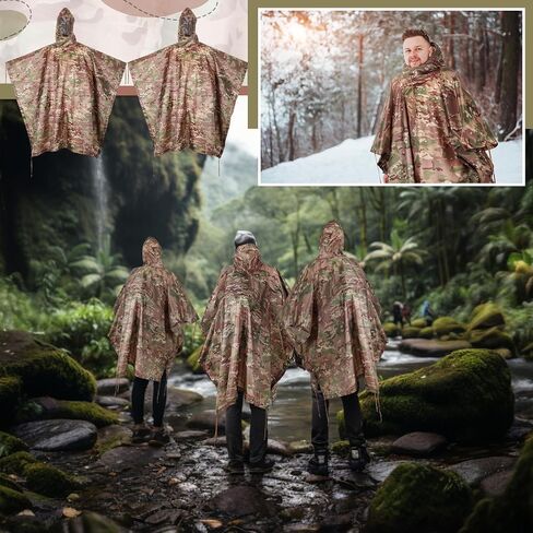 3 Pieces Military Tactical Poncho, Military Rain Poncho, Multipurpose Waterproof Military Poncho, Camo Raincoat for Camping Hiking Outdoor Hunting in Saudi Arabia