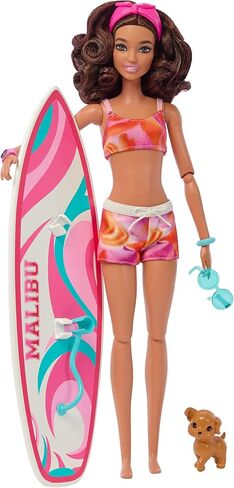 Barbie HPL69 Surf Doll Articulated Mannequin Brown Surfboard Puppy Themed Accessories Children's Toy from 3 Years in Saudi Arabia