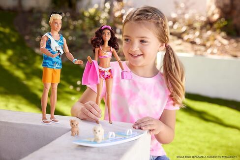 Barbie HPL69 Surf Doll Articulated Mannequin Brown Surfboard Puppy Themed Accessories Children's Toy from 3 Years in Saudi Arabia