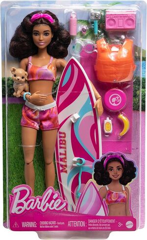 Barbie HPL69 Surf Doll Articulated Mannequin Brown Surfboard Puppy Themed Accessories Children's Toy from 3 Years in Saudi Arabia