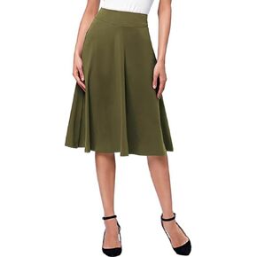 Women's Elastic High Waist Casual Solid Knee Length A-line Stretchy Midi Skirt