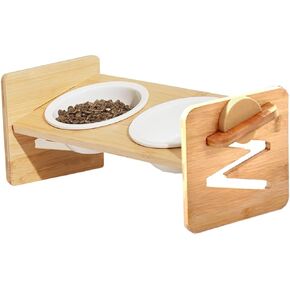 Cutie's PetBox Elevated Food & Water Bowl for Cats and Small Dogs, Adjustable Height Natural Bamboo Stand with Ceramic Dishes