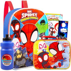 Spidey and His Amazing Friends Mini Backpack and Lunch Box - Bundle with 11" Spiderman Backpack, Spidey Lunch Box, Water Bottle, Tattoos, More | Spidey and Friends Backpack Set
