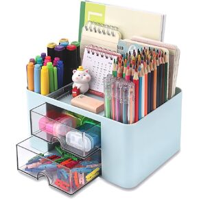 HWPRATO Cute Pen Organizer with Drawer, Multi-Functional Small Desktop Accessories Organizers, Pencil Holder for Desk Office Art Supplies (4 Drawer Desk Organizer-Blue)