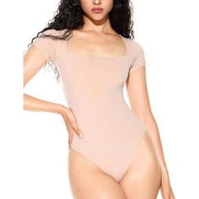 PATTERN HOUR Women's Square Neck Short Sleeve Bodysuit Sexy Body Suit Tops Double Lined Shirt