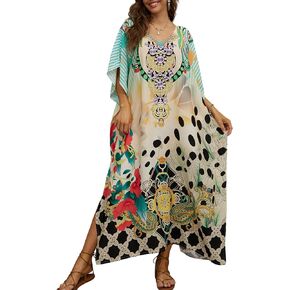 Eddoyee Kaftan Dresses for Women Print Caftan Bathing Cover Up Casual Long Beach Maxi Dress