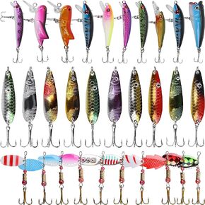 30pcs Fishing Spinner Lure Colorful Hard Spinnerbaits Kit Metal Spoon Lure with Treble Fishing Hooks for Bass Perch Pike Walleye Trolling Trout Salmon Saltwater Freshwater CK301