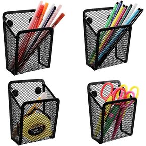 Jucoan 4 Pack Magnetic Pen Pencil Holder, Black Mesh Metal Organizer, Generous Compartment Storage Basket for Whiteboard, Fridge, Cubicle Desks, Locker Accessories