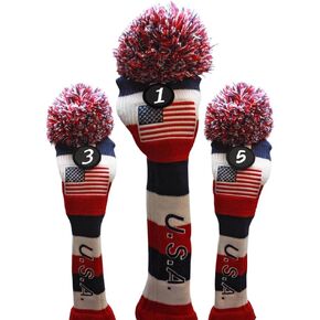 USA Majek Golf Driver 1 3 5 Fairway Woods Headcovers Pom Pom Knit Limited Edition Vintage Classic Traditional Flag Stars Red White Blue Stripes Retro Head Cover Fits 460cc Driver and 260cc Metal Woods