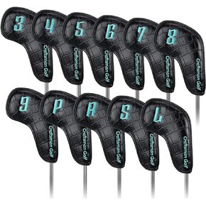 Craftsman Golf Crocodile Pattern Black 11pcs/Set Iron Headcover Set w/Large No. Magic Tape Closure (Black)