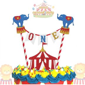 Circus Carnival Theme Cake Topper 1st Birthday Circus Theme Photo Booth Props Cake Smash Party Cake Decorations Supplies, Glitter