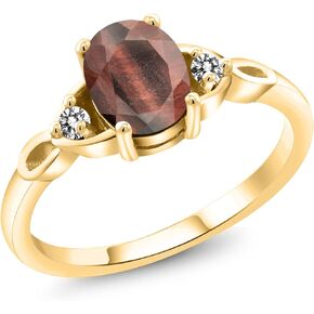 Gem Stone King 18K Yellow Gold Plated Silver Red Tiger Eye and White Diamond 3-Stone Rings For Women (1.32 Cttw, Gemstone, Oval 8X6MM, Available In Size 5, 6, 7, 8, 9)