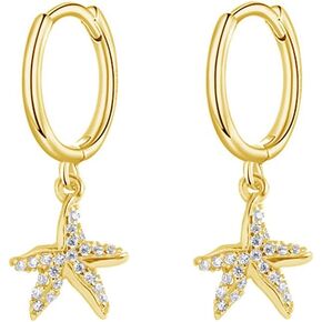 Dainty Starfish Hoop Earrings for Women Girls 925 Sterling Silver Cubic Zirconia Small Star Dangle Drop Huggie Hoops Cartilage Hypoallergenic Cute Ocean Beach Holiday Party Jewelry Gifts