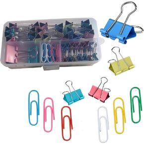 61-Pcs Binder Clips & Paper Clips Set with Box - Colored Metal Clips and Plastic-Coated Small paperclips for Office, School, and Home.