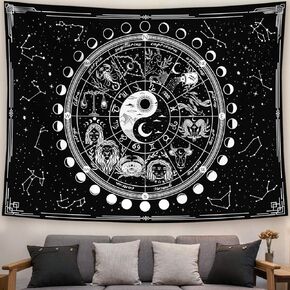 Kanuyee Twelve Constellation Tapestry,Black and White ，Sun and Moon ，Yin and Yang Tapestry Mystic Wall Hanging Tapestry for Home Decor (50"x60")