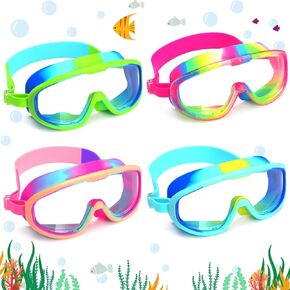 Hoolerry 4 Pcs Kids Nose Goggles Swim Goggles with Nose Cover for 3-8 Tempered Glass Snorkel Dive Mask Anti Fog with Elastic Strap No Leak Swimming Mask for Summer Scuba Diving Snorkeling, 4 Colors