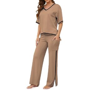 Casei Sweater Sets Women 2 Piece Lounge Sets Short Sleeve Knit Pullover Tops High Waist Wide Leg Pants with 2 Pockets-Khaki-S in Kuwait