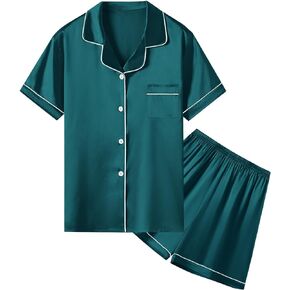 Umeyda Women & Girls Pajamas Set, Soft Satin Lightweight Silk Button-Down Top with Shorts 2 Piece PJS for Mom Boys Kids Gifts