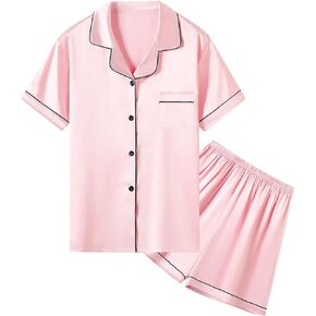 Umeyda Women & Girls Pajamas Set, Soft Satin Lightweight Silk Button-Down Top with Shorts 2 Piece PJS for Mom Boys Kids Gifts
