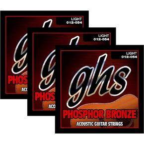 GHS Strings S325 Phosphor Bronze Acoustic Guitar Strings, Light (.012-.054), 3 Sets of S325