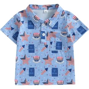 Toddler Boys Short Sleeve Button Down Shirt 4th of July Summer Flag Print Top Button Up Lapel Tee Shirt with Pockets