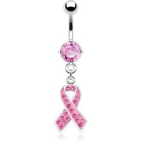 Pierced Owl Pink Ribbon Breast Cancer Awareness Crystal Dangling Belly Button Ring