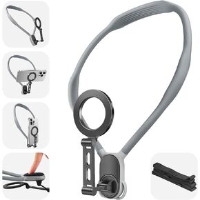 Magnetic Neck Phone Mount, 2024 New Longer Neck Phone Holder for Recording, Hand Free POV/Vlog Phone Neck Holder with Anti-Shake Chest Strap Video Recording for iPhone Android Phones (Grey)